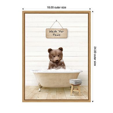 Sylvie Bear Cub in Modern Bathtub Wash Your Paws Framed Canvas by Amy Peterson