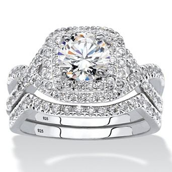 PalmBeach Jewelry 2.20 TCW CZ Two-Piece Halo Bridal Ring Set in Platinum-plated Sterling Silver