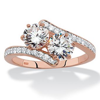 PalmBeach Jewelry 2.20 ct w. Rose Gold-Plated .925 Silver Round Cubic Zirconia 2-Stone Bypass Ring