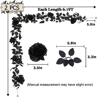 2 Pack Black Artificial Flower Head Garland Each 6.7FT Fake Rose Vine Hanging Rose Garland