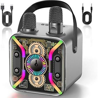 Karaoke Adults with Two Wireless Microphones, Speaker, Show, 360 - Degree Stable Bass Mic, Silver