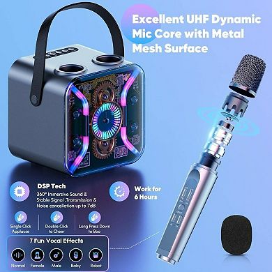 Karaoke Adults with Two Wireless Microphones, Speaker, Show, 360 - Degree Stable Bass Mic, Silver