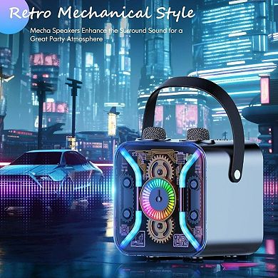 Karaoke Adults with Two Wireless Microphones, Speaker, Show, 360 - Degree Stable Bass Mic, Silver