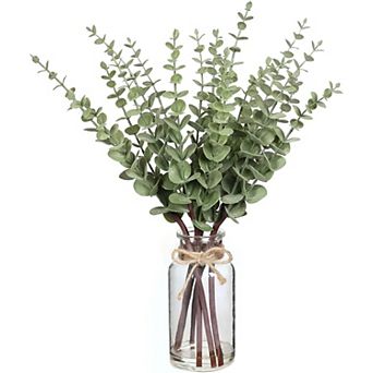 17. 5" Artificial Eucalyptus Stems in Glass Vase with Faux Water, Fake Plant Eucalyptus Leaves White