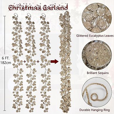 3 Pcs 6FT Christmas Garland Champagne Glittered Artificial Eucalyptus Leaves for Mantle
