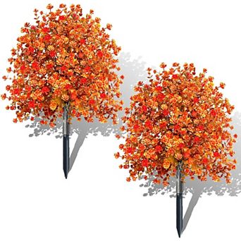 2 Pack Artificial Boxwood Topiary Ball Trees with Fall Flowers & Ground Spikes for Outdoor, UV