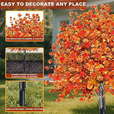 2 Pack Artificial Boxwood Topiary Ball Trees with Fall Flowers & Ground Spikes for Outdoor, UV