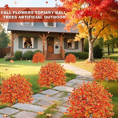 2 Pack Artificial Boxwood Topiary Ball Trees with Fall Flowers & Ground Spikes for Outdoor, UV