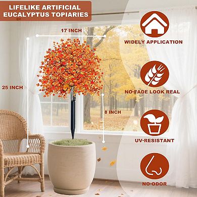 2 Pack Artificial Boxwood Topiary Ball Trees with Fall Flowers & Ground Spikes for Outdoor, UV