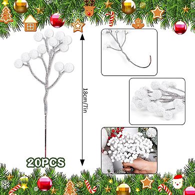 20 Pack 7 Inch Artificial White Berry Picks for Christmas Tree White Berries Stems Holly Berry