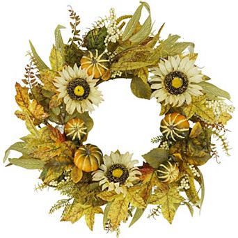 18" Fall Wreaths for Front Door, Artificial Autumn Wreath with Sunflower Pumpkin and Berries