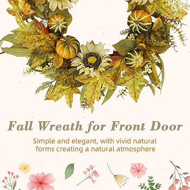 18" Fall Wreaths for Front Door, Artificial Autumn Wreath with Sunflower Pumpkin and Berries