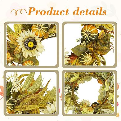 18" Fall Wreaths for Front Door, Artificial Autumn Wreath with Sunflower Pumpkin and Berries