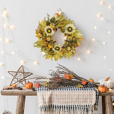 18" Fall Wreaths for Front Door, Artificial Autumn Wreath with Sunflower Pumpkin and Berries