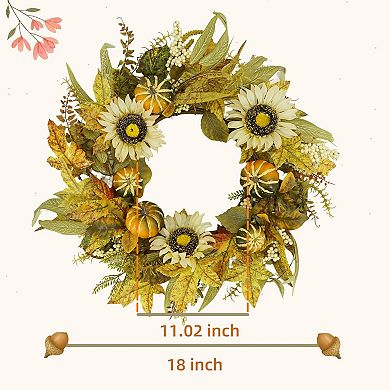 18" Fall Wreaths for Front Door, Artificial Autumn Wreath with Sunflower Pumpkin and Berries