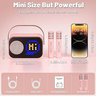 Karaoke Adults, Portable Karaoke Speaker with 2 Wireless Microphones, Pixel Display, Birthday Gifts