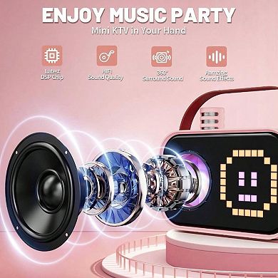 Karaoke Adults, Portable Karaoke Speaker with 2 Wireless Microphones, Pixel Display, Birthday Gifts