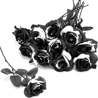 10 pc Black and White Roses Artificial Flowers with Stems, Faux Silk Flowers Bridal Gothic Wedding