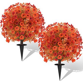 2 Pack Fall Artificial Topiary Bushes - 23" Boxwood Ball Trees with Mums, UV Resistant Faux Plants
