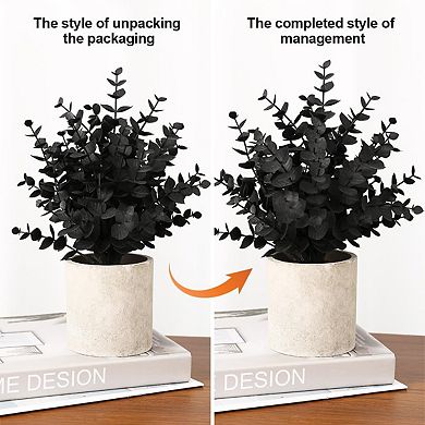 2 Pack Black Fake Eucalyptus Small Fake Plants Potted Artificial Plants for Halloween