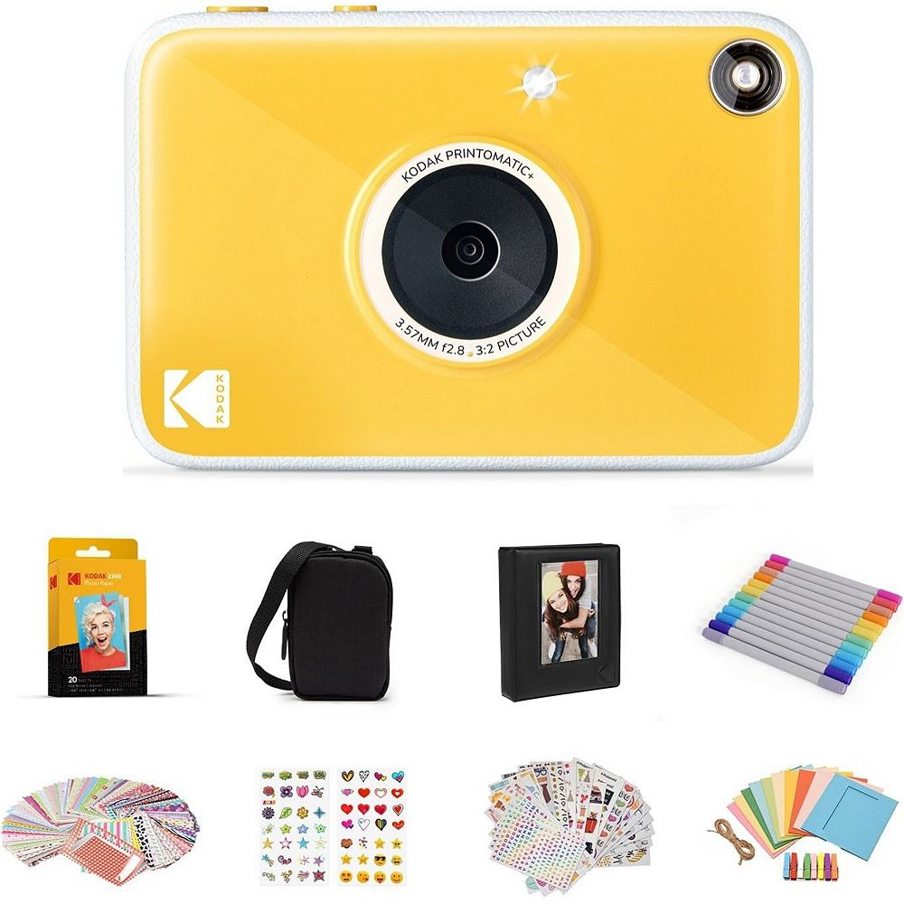 KODAK Printomatic Instant Camera (geel) geschenkbundel Zink Papier (20 vellen) Deluxe Case 7 leuke stickersets Twin Tip Markers fotoalbum hangende lijsten