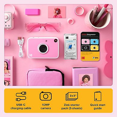 KODAK Printomatic+ Instant Camera Bundle with Pink Case & 20-Pack Zink Photo Paper