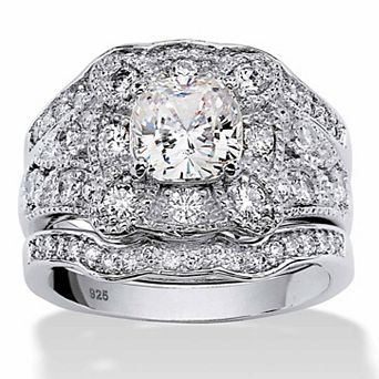 PalmBeach Jewelry 2.22 TCW CZ 3 pc Bridal Set in Platinum-plated Sterling Silver