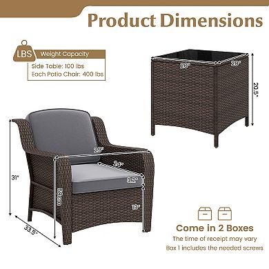 3-Piece Gray Rattan Outdoor Furniture Set with Cushions and Glass Table