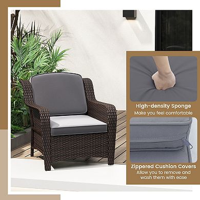 3-Piece Gray Rattan Outdoor Furniture Set with Cushions and Glass Table