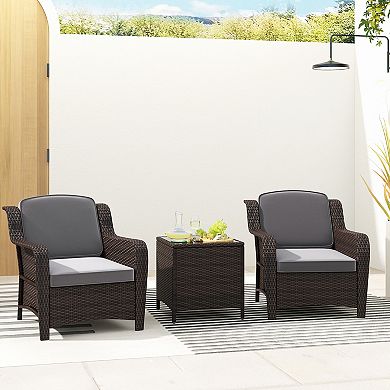 3-Piece Gray Rattan Outdoor Furniture Set with Cushions and Glass Table