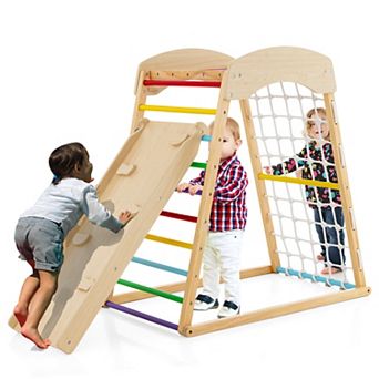 6-in-1 Wooden Indoor Playground with Slide, Climbing Ladder, Rock Wall, and Monkey Bars