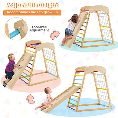 6-in-1 Wooden Indoor Playground with Slide, Climbing Ladder, Rock Wall, and Monkey Bars