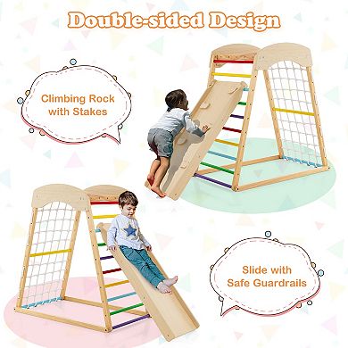 6-in-1 Wooden Indoor Playground with Slide, Climbing Ladder, Rock Wall, and Monkey Bars