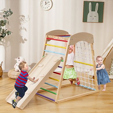 6-in-1 Wooden Indoor Playground with Slide, Climbing Ladder, Rock Wall, and Monkey Bars