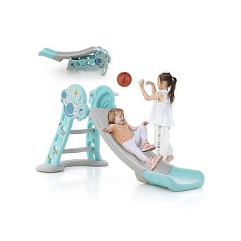 3-in-1 Folding Slide Playset with Basketball Hoop and Small Basketball-Blue