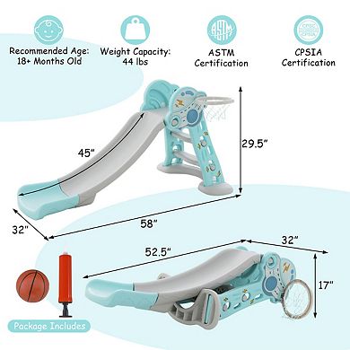 3-in-1 Folding Slide Playset with Basketball Hoop and Small Basketball-Blue
