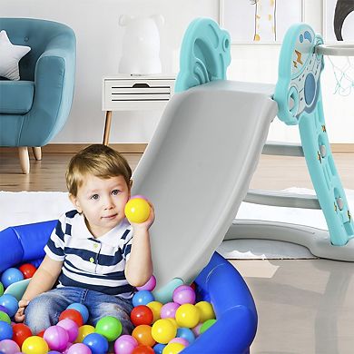 3-in-1 Folding Slide Playset with Basketball Hoop and Small Basketball-Blue