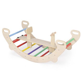 4-in-1 Multifunctional Wooden Climbing Toys with Rocker and Crawling Tunnel-Multicolor