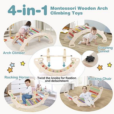 4-in-1 Multifunctional Wooden Climbing Toys with Rocker and Crawling Tunnel-Multicolor