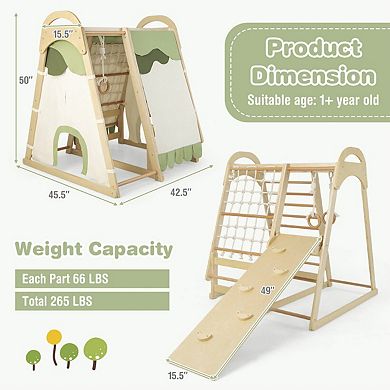 6-in-1 Wooden Kids Jungle Gym Playset with Slide Climbing Net-Natural