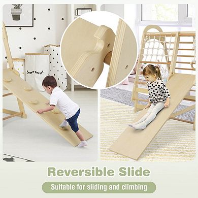 6-in-1 Wooden Kids Jungle Gym Playset with Slide Climbing Net-Natural