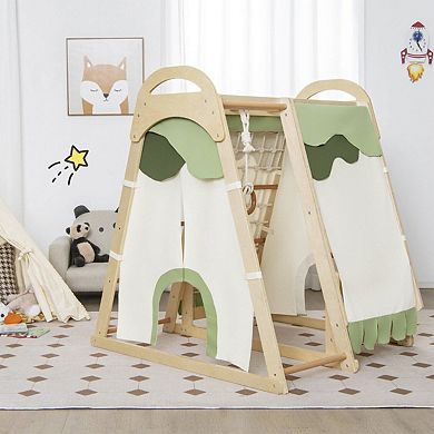 6-in-1 Wooden Kids Jungle Gym Playset with Slide Climbing Net-Natural