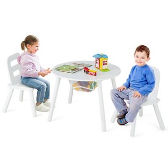 Kids Wooden Activity Table and Chair Set with Center Mesh Storage-White