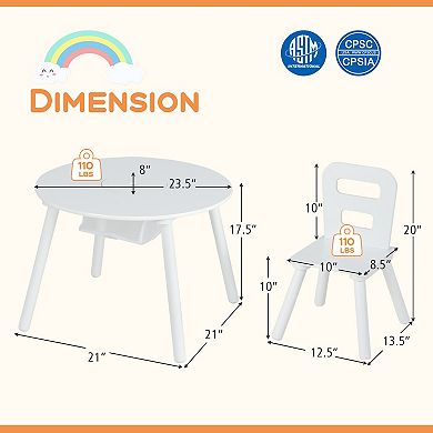 Kids Wooden Activity Table and Chair Set with Center Mesh Storage-White