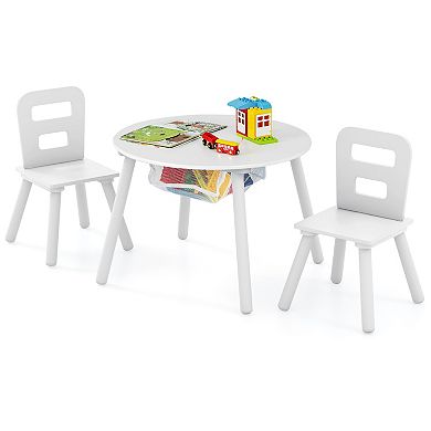 Kids Wooden Activity Table and Chair Set with Center Mesh Storage-White
