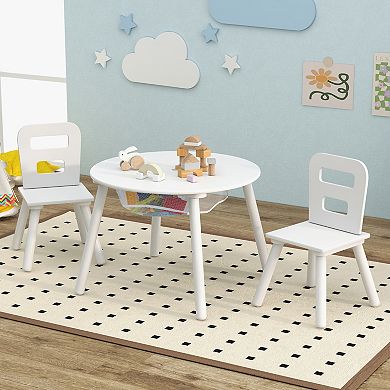 Kids Wooden Activity Table and Chair Set with Center Mesh Storage-White