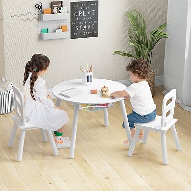 Kids Wooden Activity Table and Chair Set with Center Mesh Storage-White