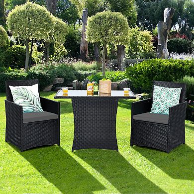 3 Piece Patio Rattan Furniture Set with Cushions and Armrests