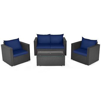 4 pc Patio Rattan Conversation Set with Padded Cushions