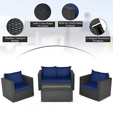4 Pieces Patio Rattan Conversation Set with Padded Cushions